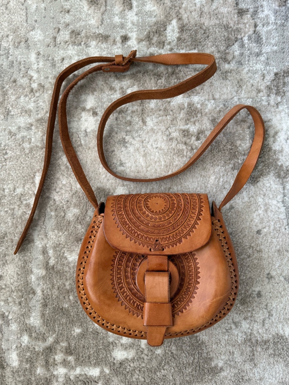 Hand-Tooled Tan Leather Crossbody Saddle Bag